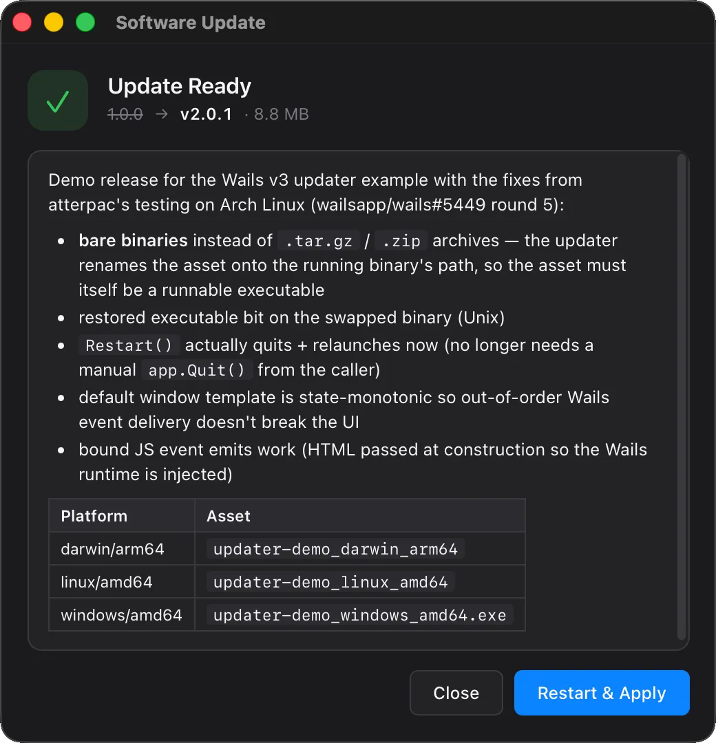 The default updater window in the Update Ready state — state-aware icon, version pill (v1.0.0 → v2.0.1 · 8.8 MB), Markdown-rendered release notes including a GFM table, and a single primary action.